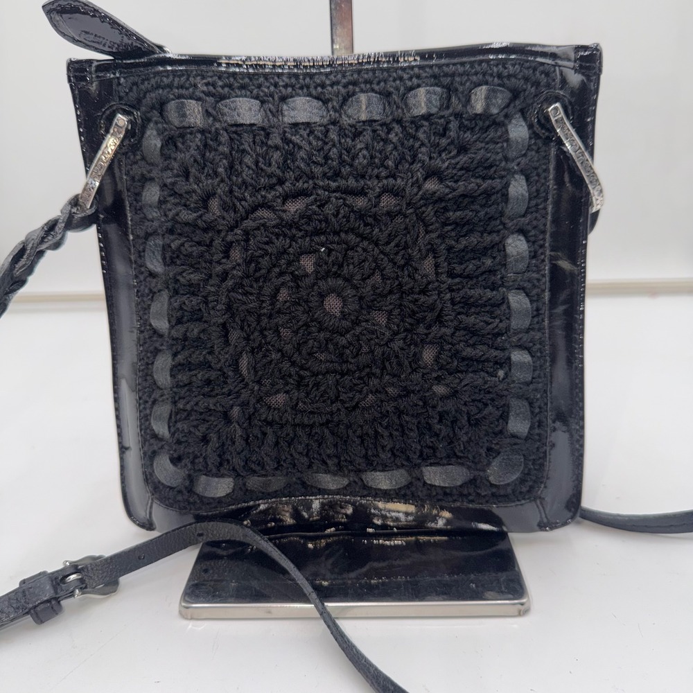 Brighton Black Patent Leather Crochet Square Crossbody Bag Handcrafted LA - Picture 5 of 8